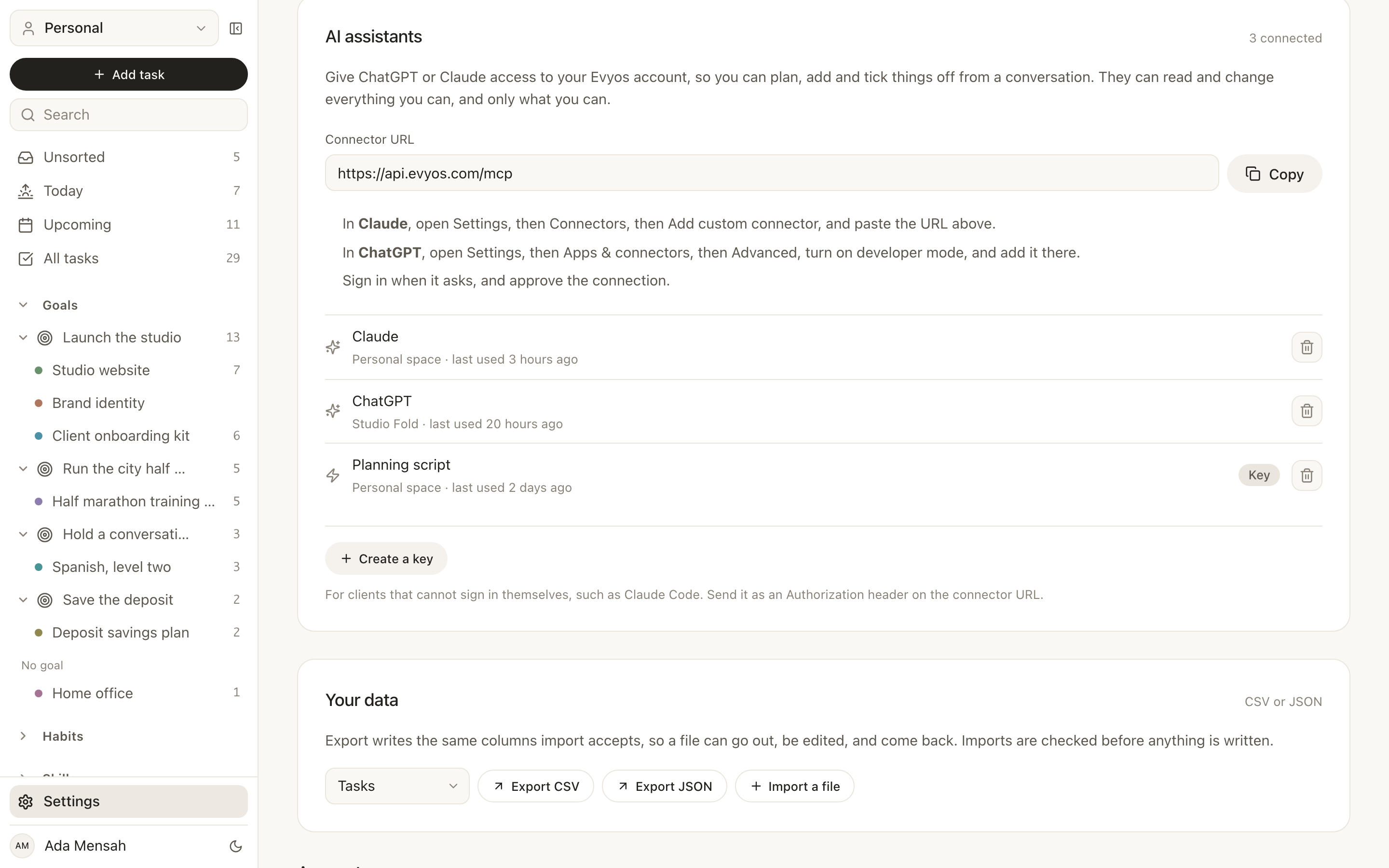 Connected assistants in EvyOS settings: the connector URL, the setup steps for Claude and ChatGPT, and each connection with the space it can reach and when it was last used