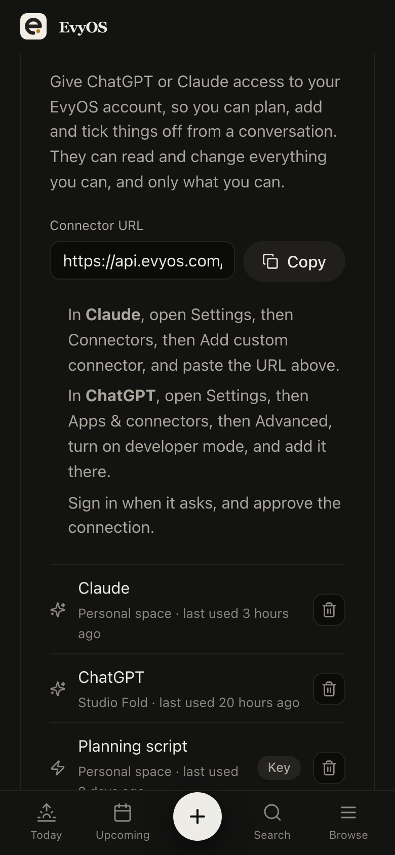 Connected assistants in EvyOS settings: the connector URL, the setup steps for Claude and ChatGPT, and each connection with the space it can reach and when it was last used, on a phone