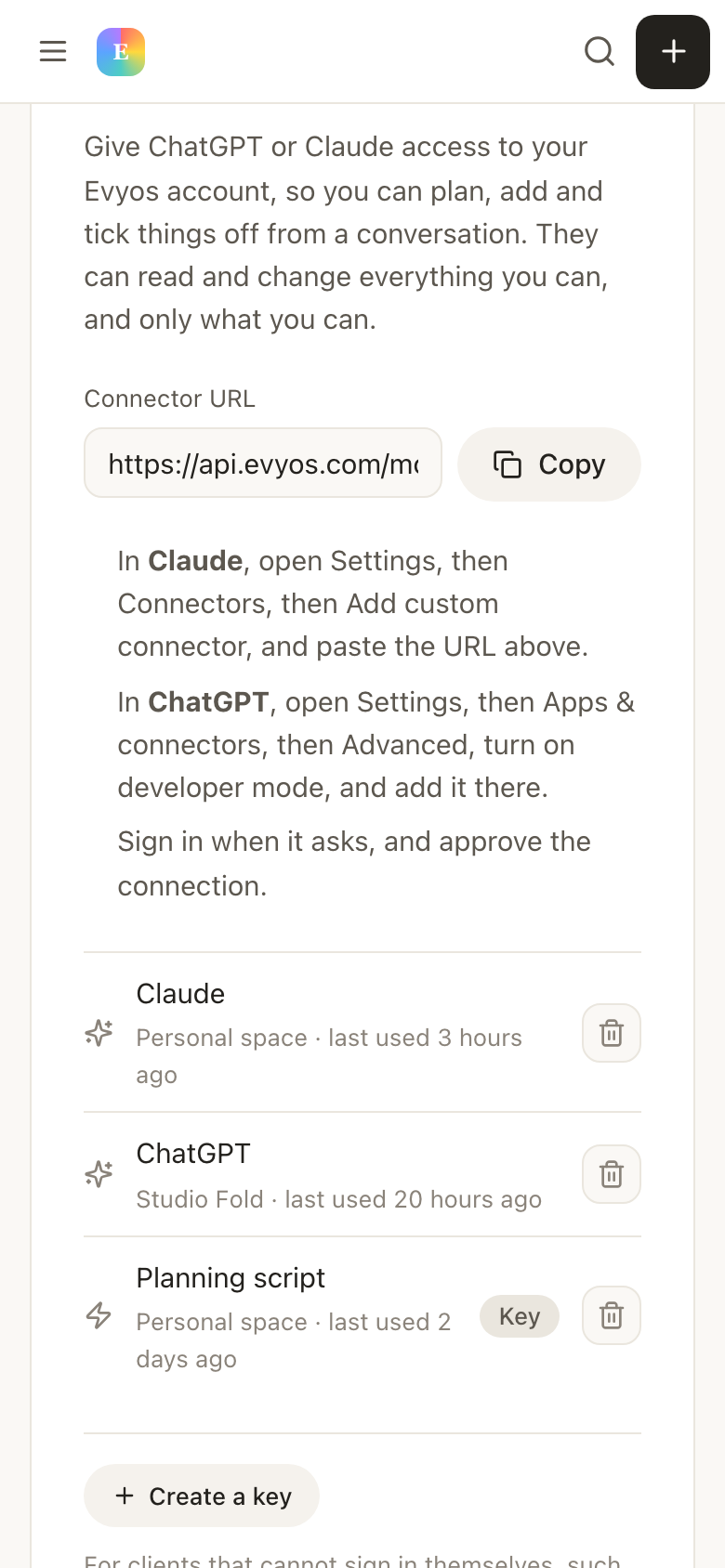 Connected assistants in EvyOS settings: the connector URL, the setup steps for Claude and ChatGPT, and each connection with the space it can reach and when it was last used — on a phone