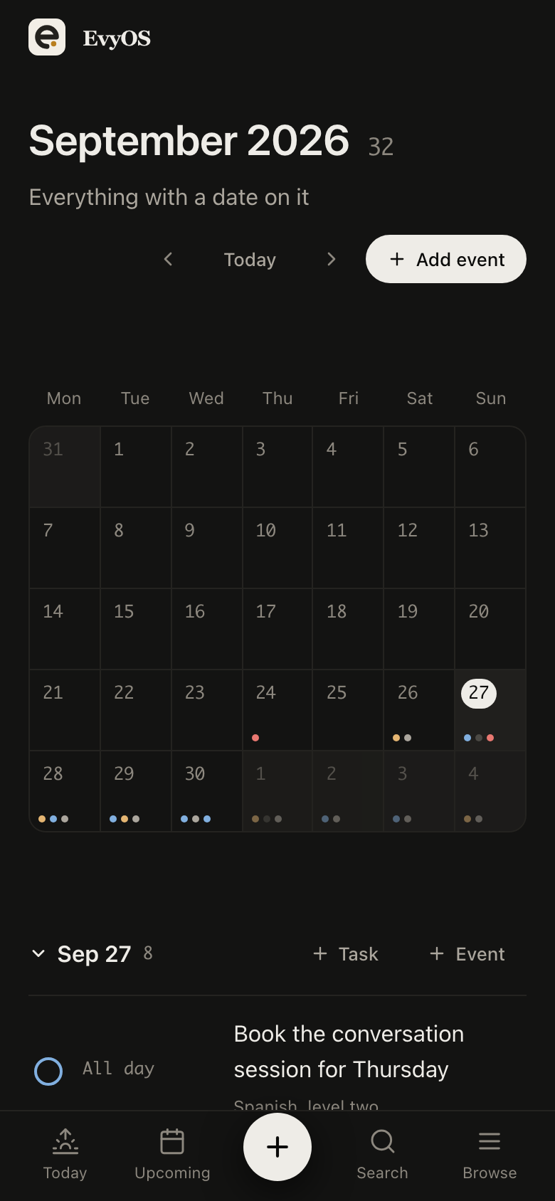 The EvyOS calendar in month view, with events on their dates and a panel showing the selected day's events with their times and durations, on a phone