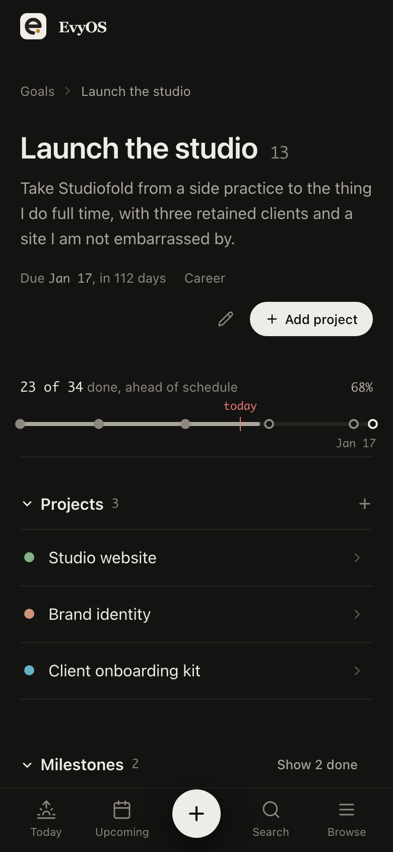 A goal in EvyOS, showing its milestones, the projects moving it forward, and its open tasks, on a phone