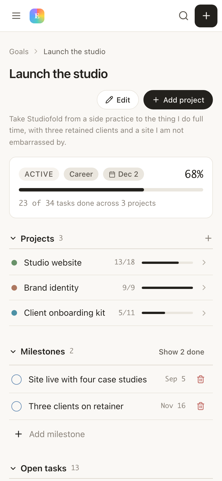A goal in EvyOS with its milestones, the projects moving it forward, and its open tasks — on a phone
