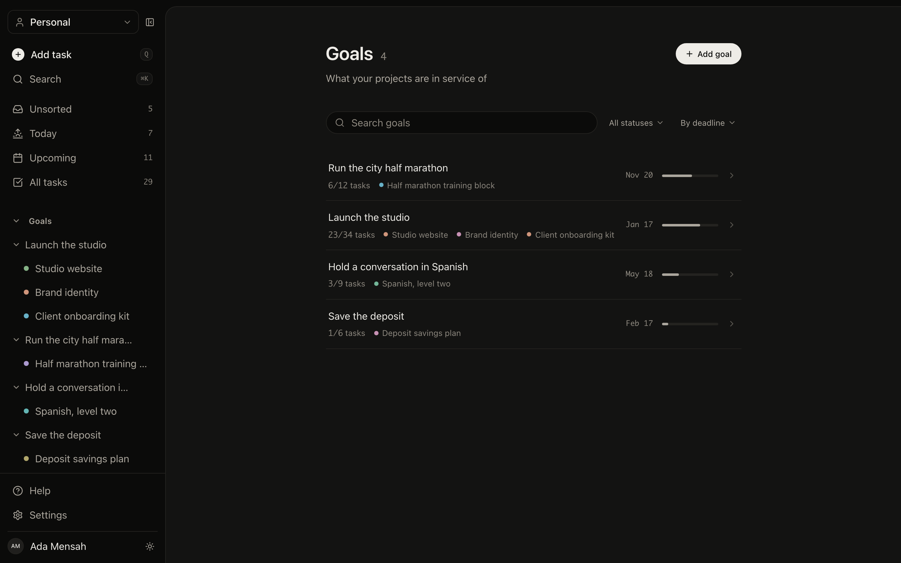 The goals list in EvyOS, each goal with its category, target date and the progress calculated from the work underneath it