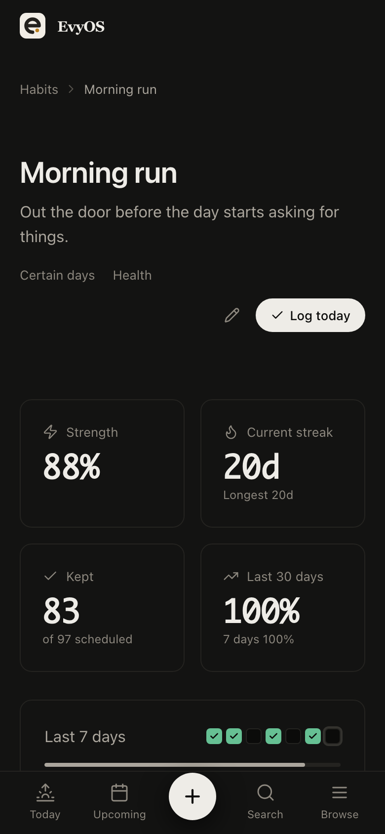 A habit in EvyOS with its streak, strength score and a year-long contribution graph, on a phone