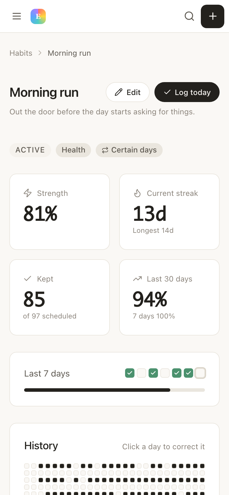 A habit in EvyOS with its streak, strength score and a year-long contribution graph — on a phone