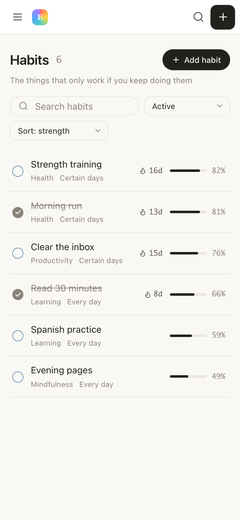 The habits screen in EvyOS, with each habit's schedule, current streak and recent completions shown as a row, on a phone