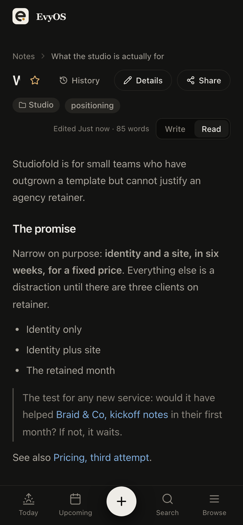 A note open in EvyOS: markdown content with wiki-links, its folder and tags, and the backlinks pointing at it, on a phone