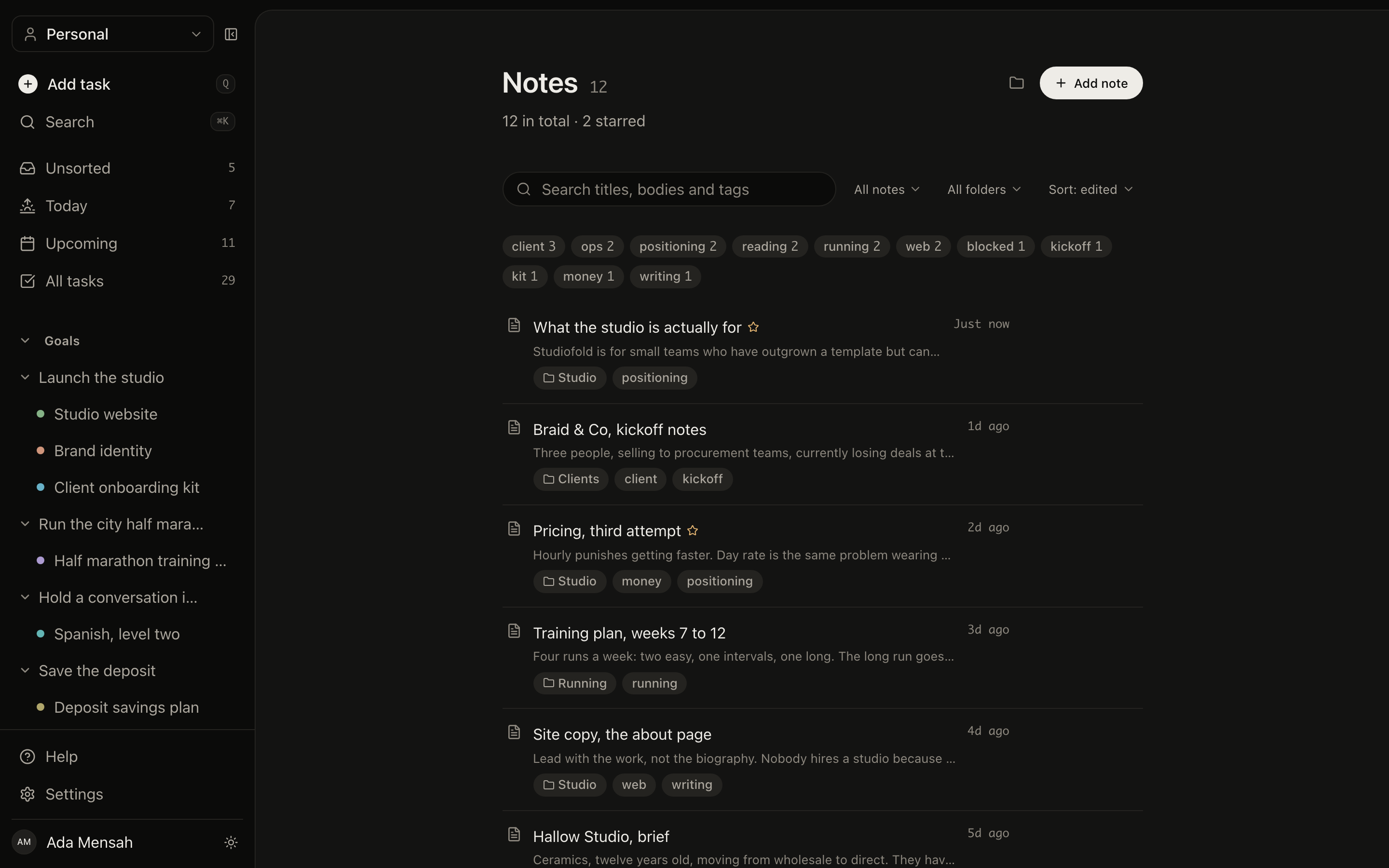 The notes list in EvyOS: search over titles, bodies and tags, folder filters, a row of tags with counts, and notes showing their folder and when they were last edited