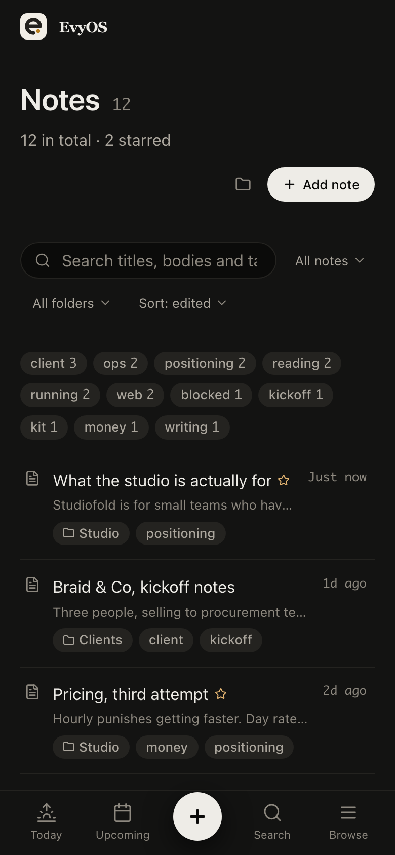 The notes list in EvyOS: search over titles, bodies and tags, folder filters, a row of tags with counts, and notes showing their folder and when they were last edited, on a phone