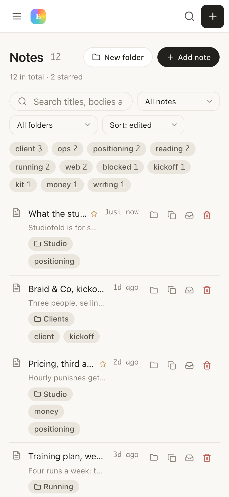The notes list in EvyOS: a search box over titles, bodies and tags, filters for folders, a row of tags with counts, and notes showing their folder, tags and when they were last edited, on a phone
