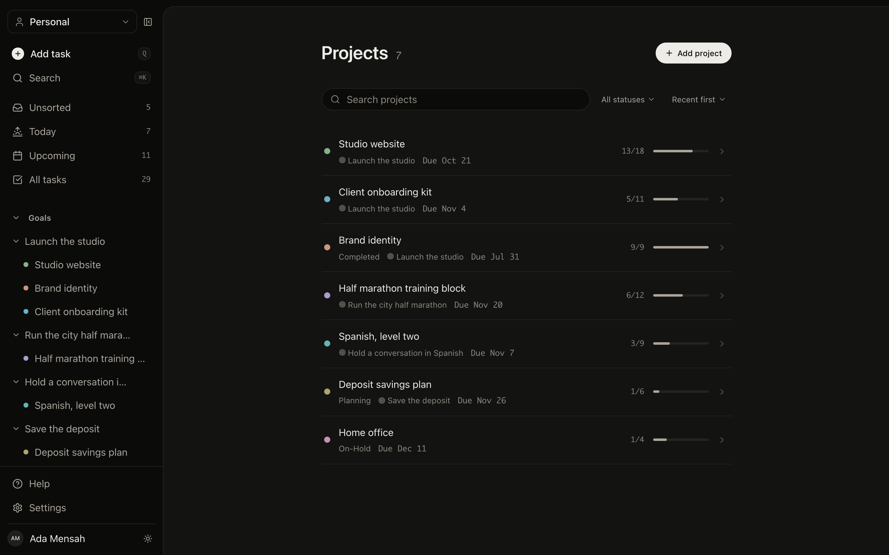 The projects list in EvyOS, each project showing its progress, deadline and number of open tasks