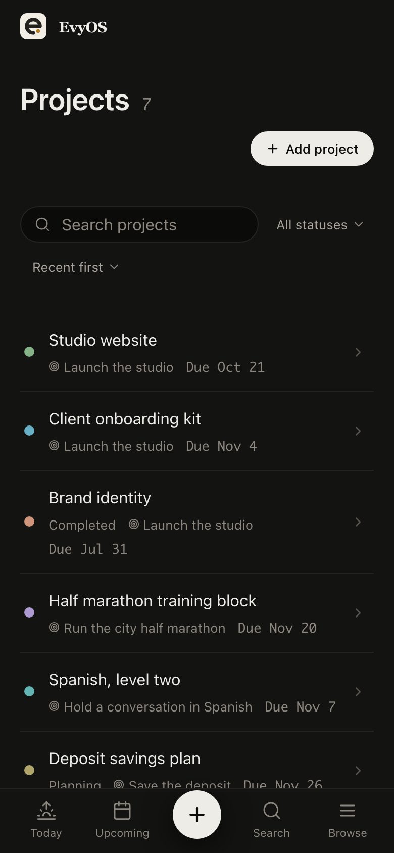 The projects list in EvyOS, each project showing its progress, deadline and number of open tasks, on a phone
