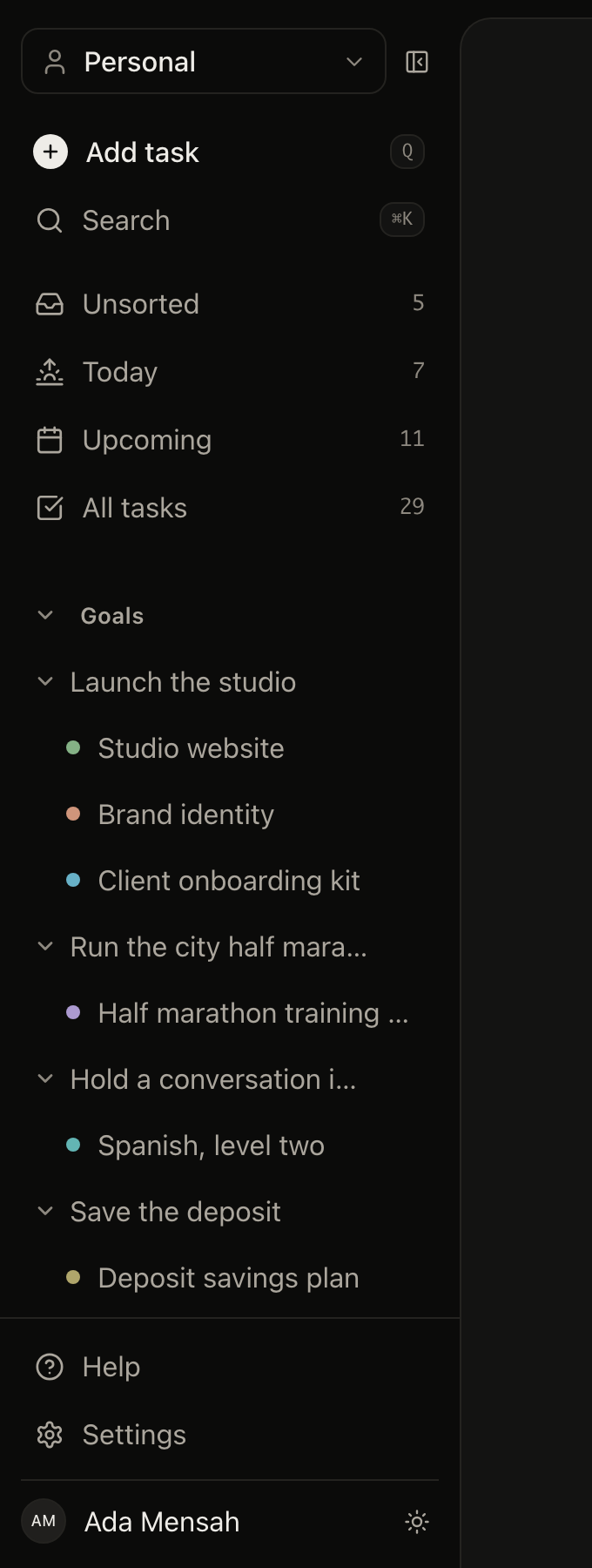 The EvyOS sidebar, showing each goal expanded into the projects under it with a live count of open tasks beside each one