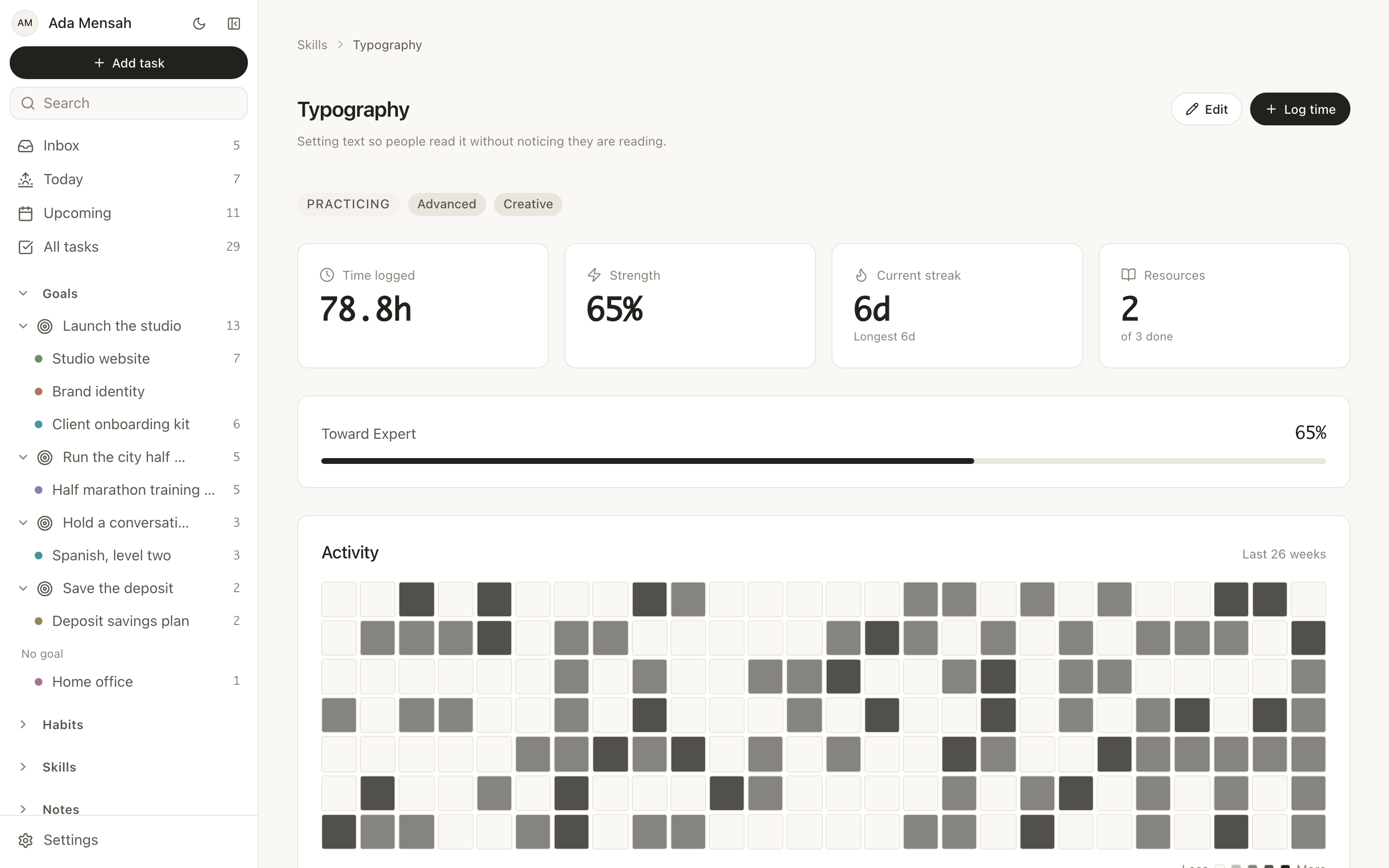 A skill in EvyOS showing logged sessions, linked resources and progress toward a target level