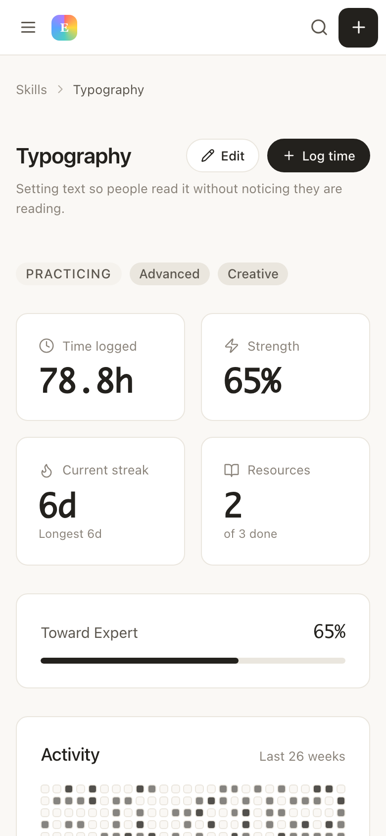 A skill in EvyOS showing logged sessions, linked resources and progress toward a target level — on a phone