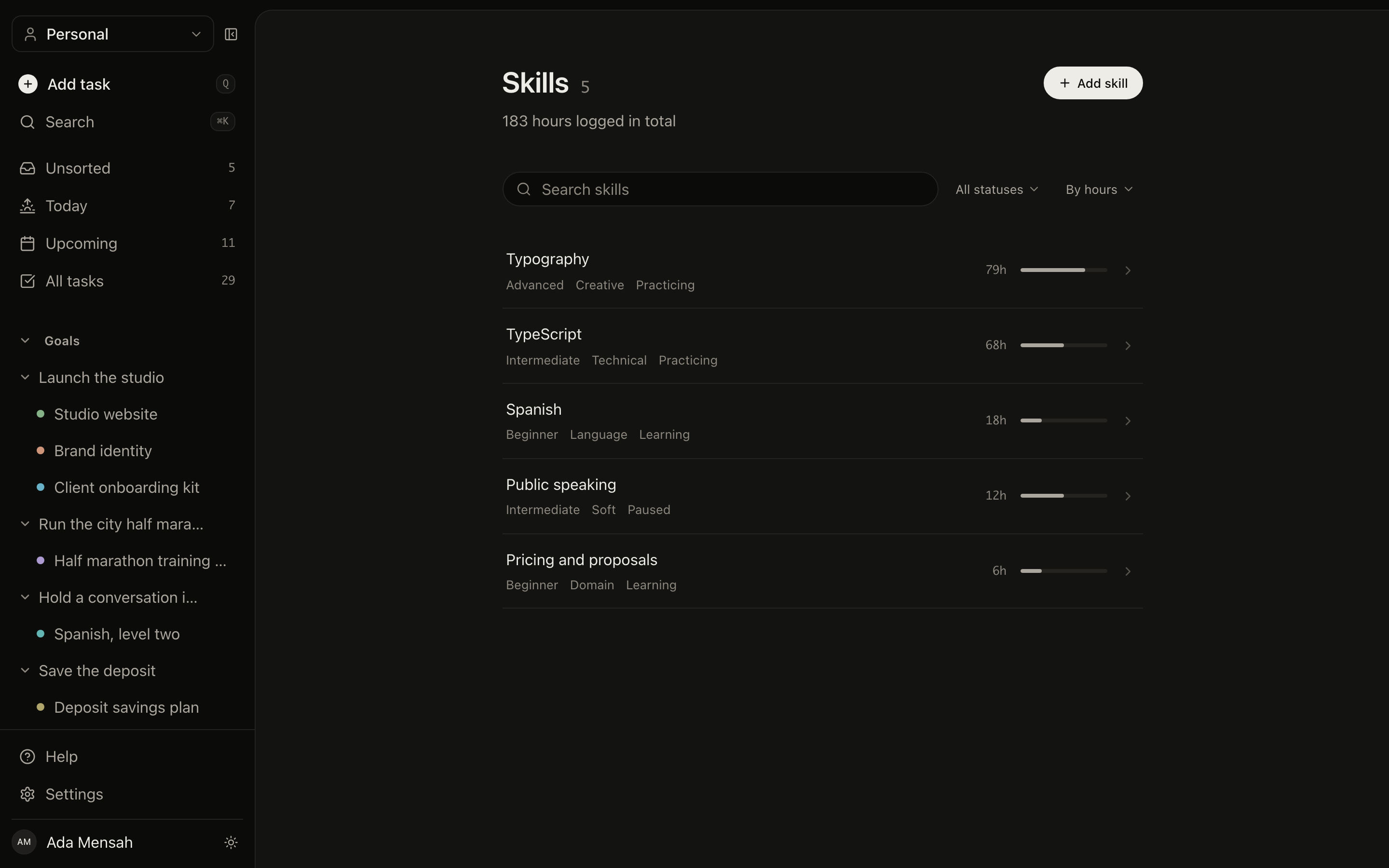 The skills list in EvyOS: 5 skills sorted by hours, each with its category, current level, status and hours logged, under a running total of 183 hours