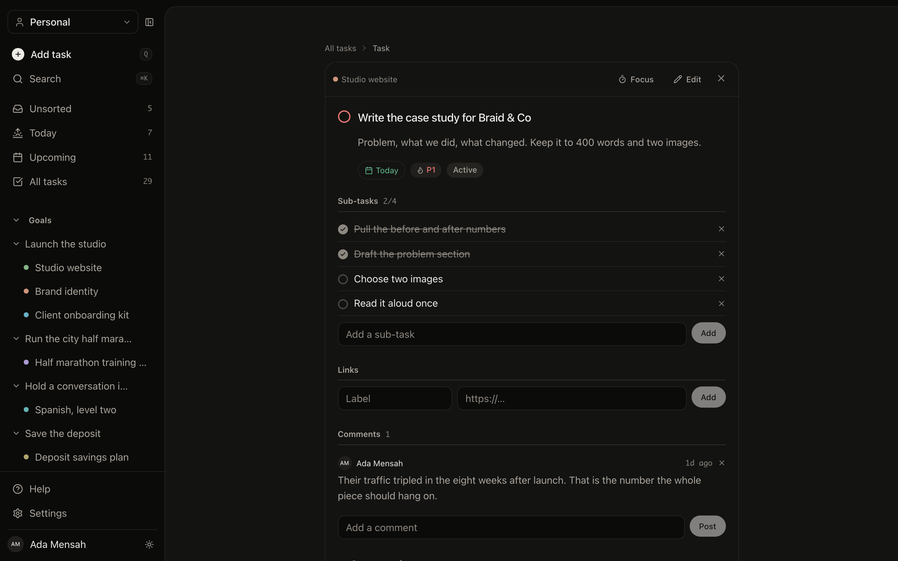 A task open in EvyOS showing its project, priority, due date, estimate, subtasks and comments