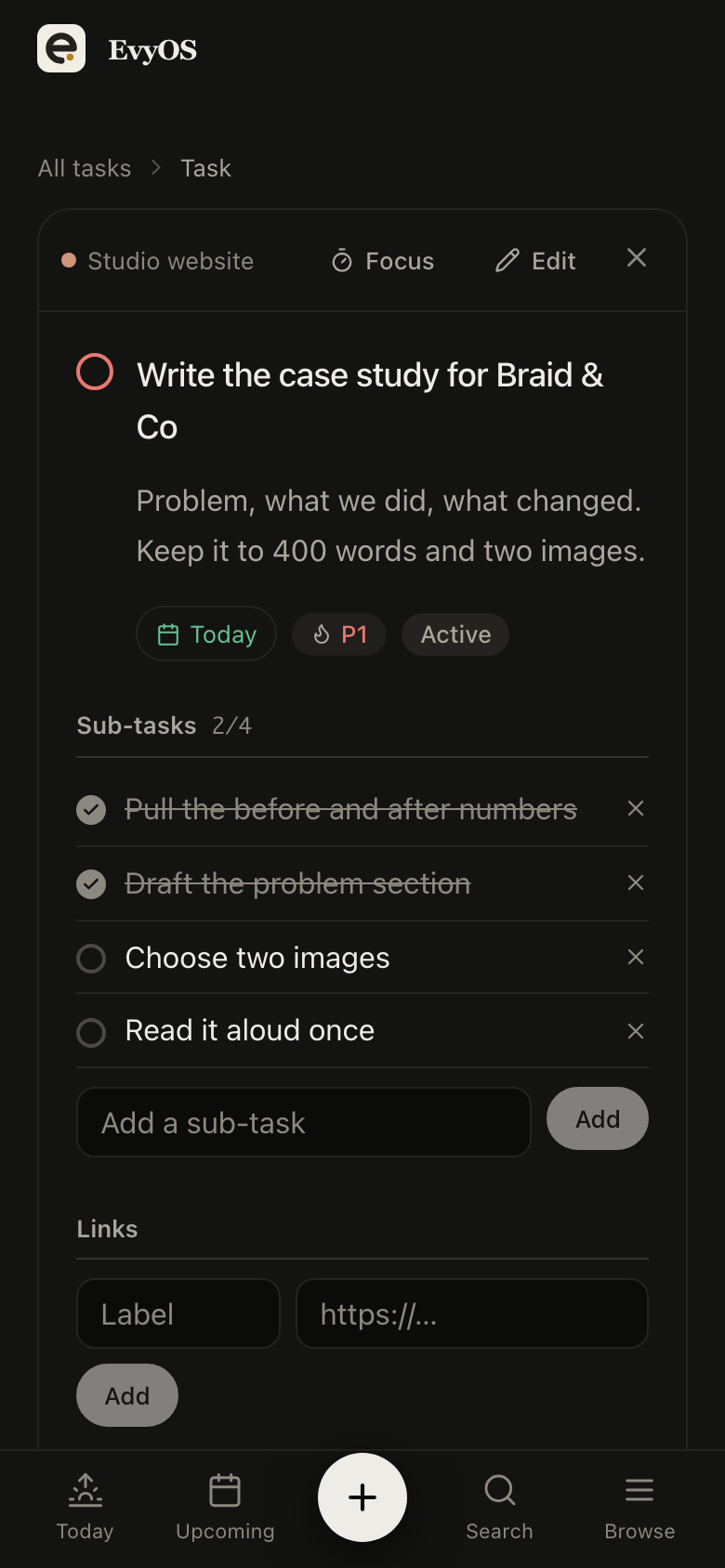A task open in EvyOS showing its project, priority, due date, estimate, subtasks and comments, on a phone