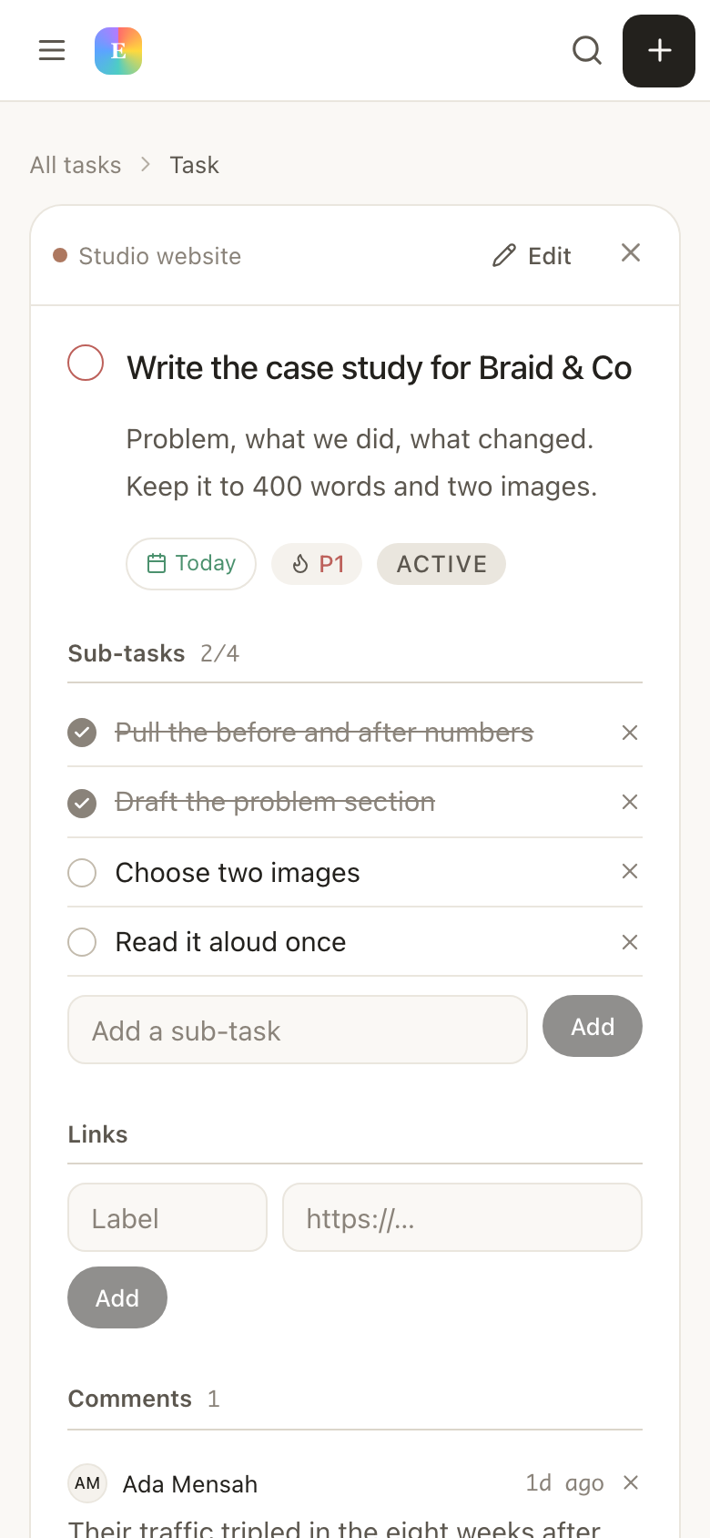 A task open in EvyOS with its project, priority, due date, subtasks and comments — on a phone