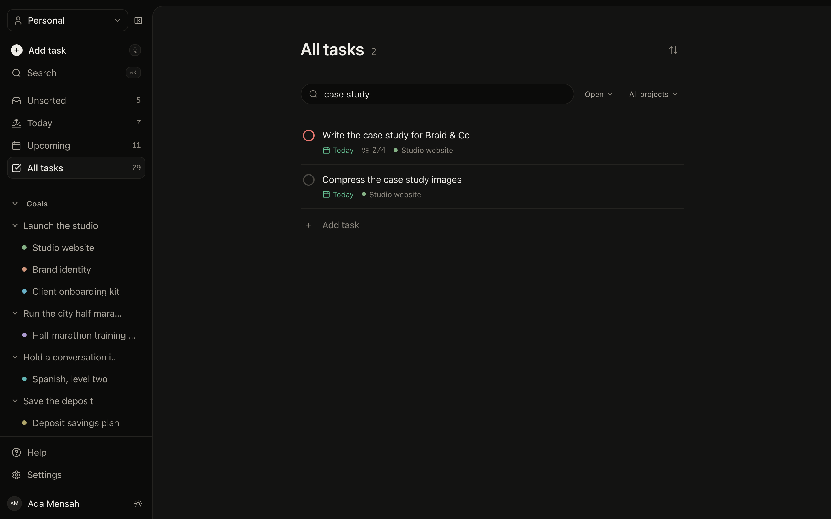 The all-tasks view in EvyOS with filters applied, showing tasks grouped with their projects, priority rings and due chips