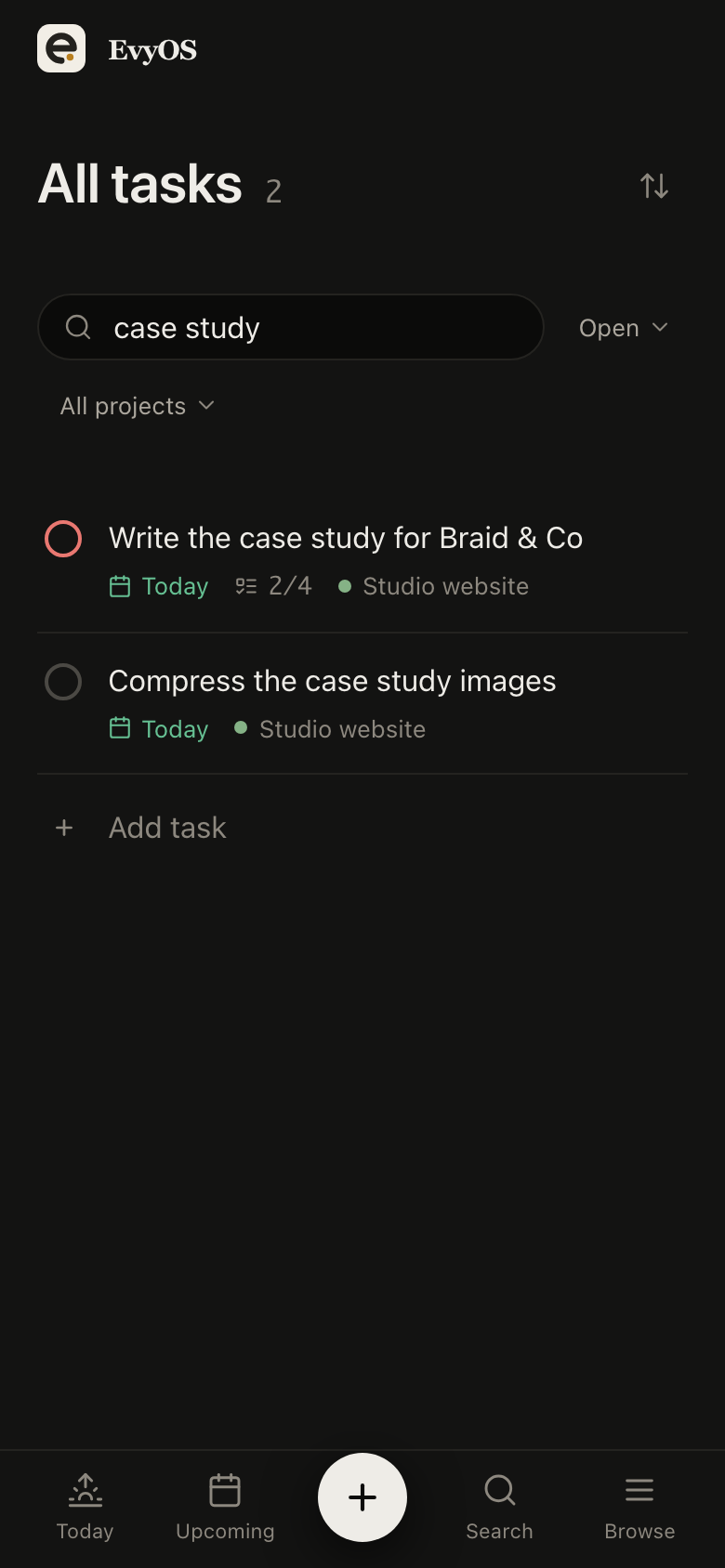 The all-tasks view in EvyOS with filters applied, showing tasks grouped with their projects, priority rings and due chips, on a phone