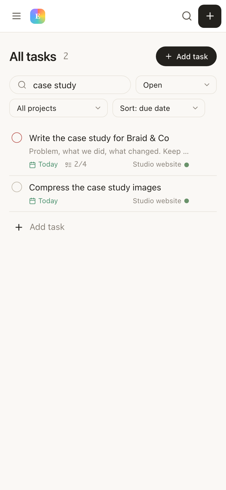 The all-tasks view in EvyOS with filters applied, showing tasks grouped with their projects, priority rings and due chips, on a phone