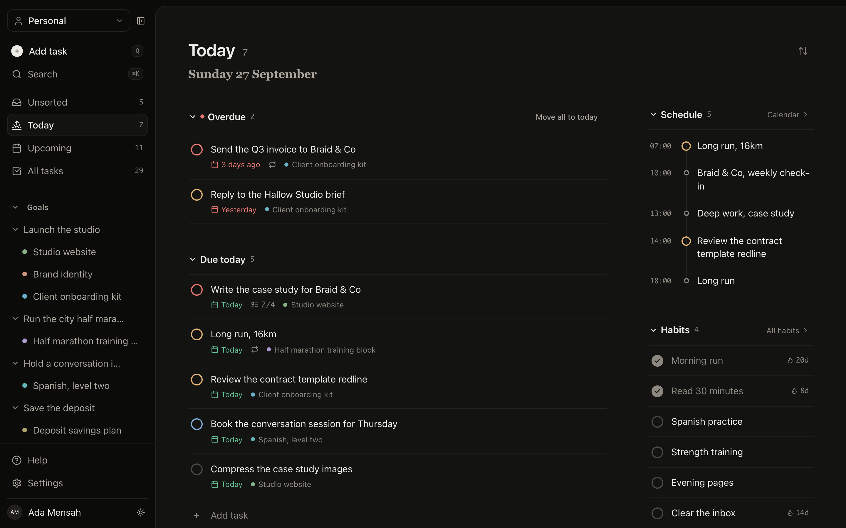 The Today view in EvyOS: overdue tasks split out at the top, then what is due today, the day's habits, and the calendar