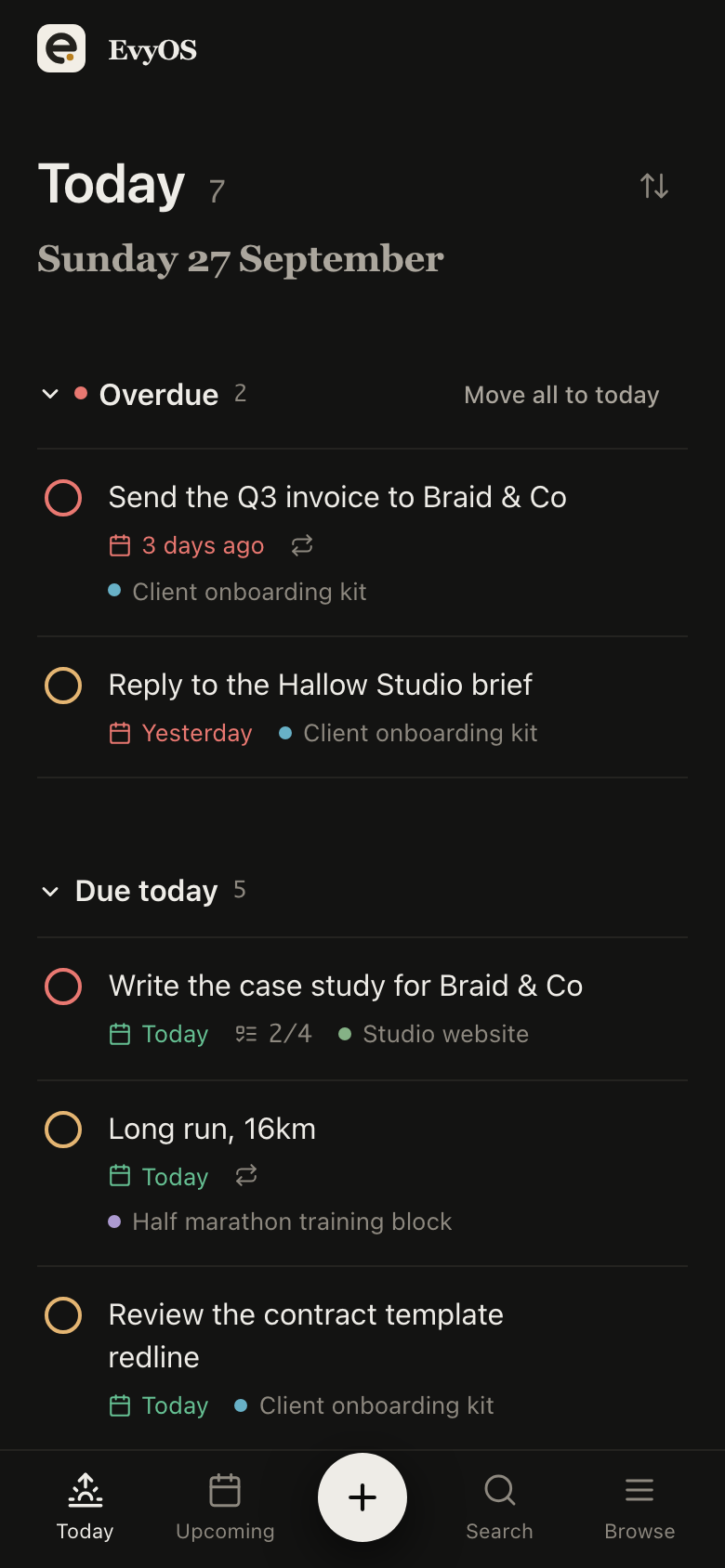 The Today view in EvyOS: overdue tasks split out at the top, then what is due today, the day's habits, and the calendar, on a phone