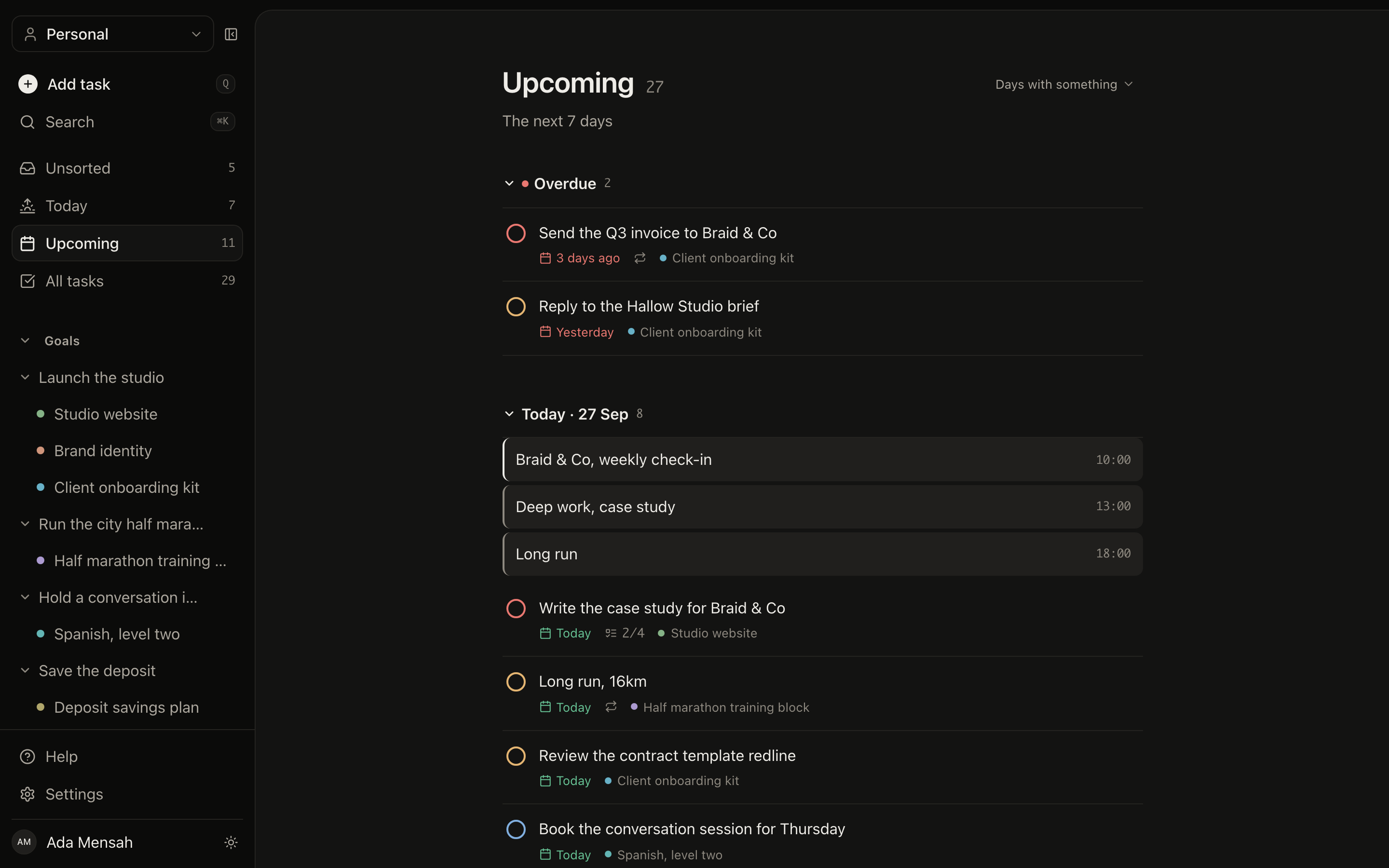 The Upcoming view in EvyOS, showing the next fortnight of tasks with one section per day