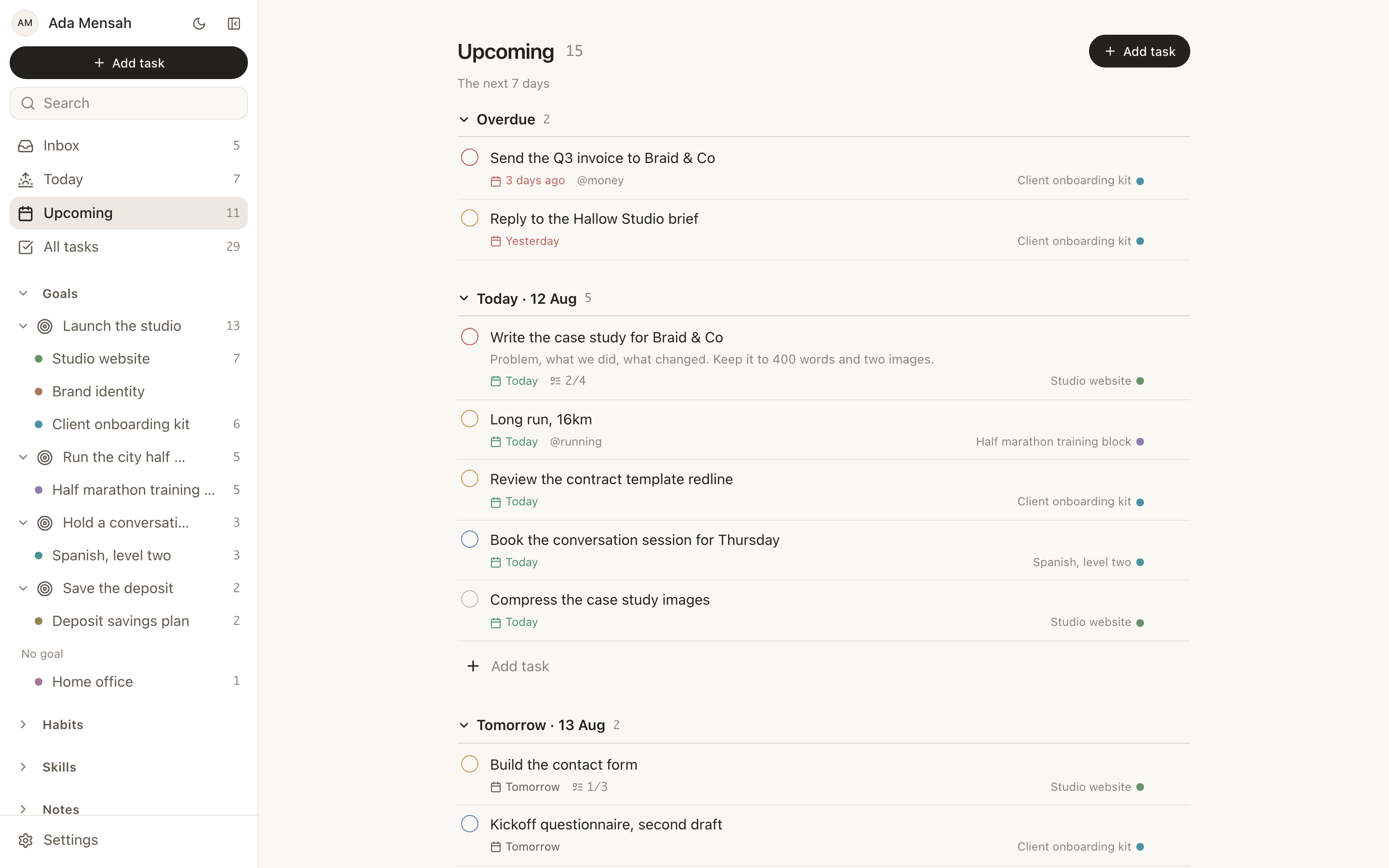 The Upcoming view in EvyOS, showing the next fortnight of tasks with one section per day