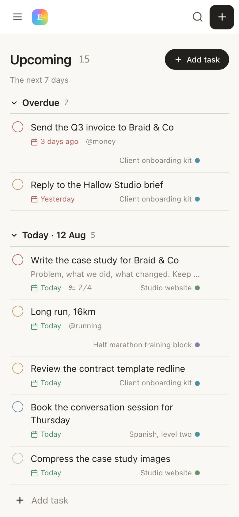 The Upcoming view in EvyOS, showing the next fortnight of tasks with one section per day — on a phone
