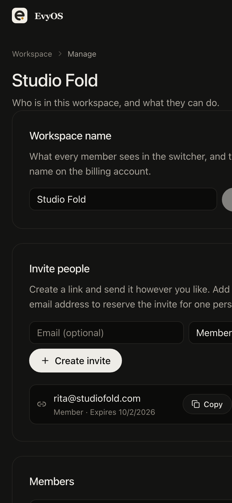 Managing a workspace in EvyOS: creating an invite link, a pending invite with its expiry, and every member with their role, on a phone