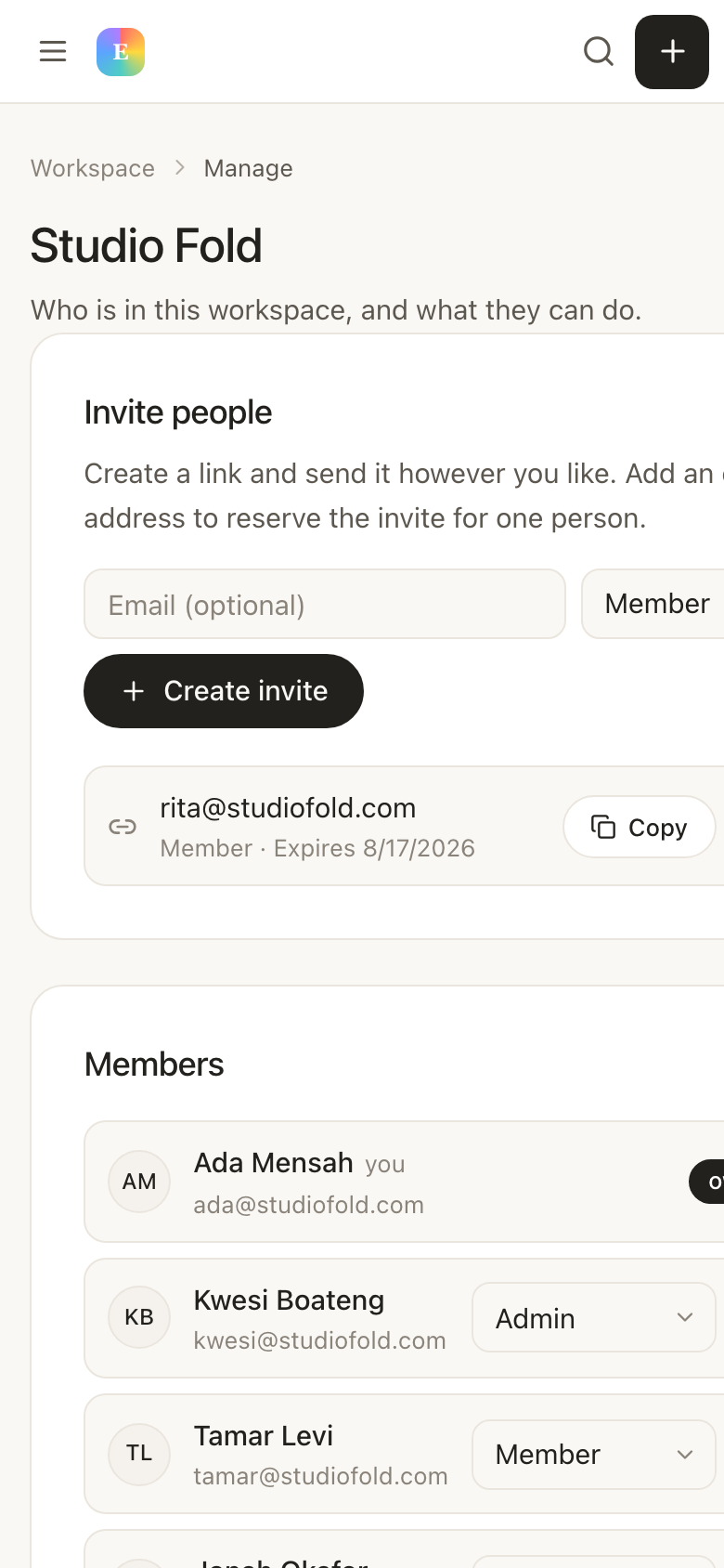 Managing a workspace in EvyOS: creating an invite link, a pending invite with its expiry, and every member with their role — on a phone